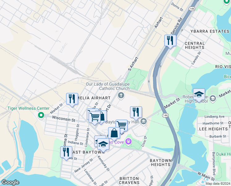 map of restaurants, bars, coffee shops, grocery stores, and more near 1111 South Airhart Drive in Baytown