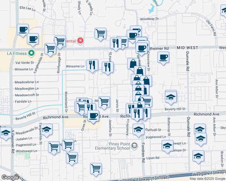 map of restaurants, bars, coffee shops, grocery stores, and more near 3114 Jarvis Street in Houston