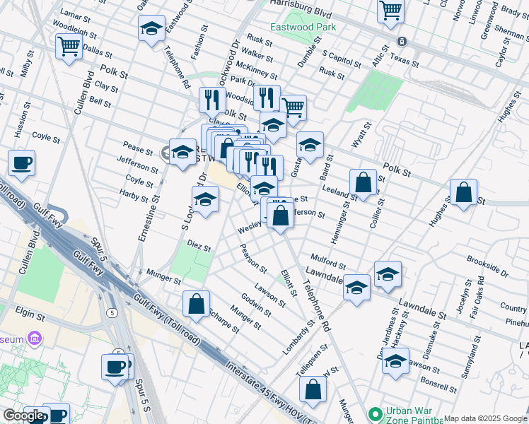 map of restaurants, bars, coffee shops, grocery stores, and more near 1220 Telephone Road in Houston
