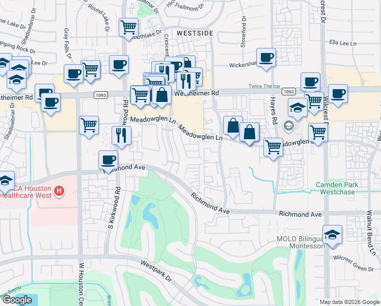 map of restaurants, bars, coffee shops, grocery stores, and more near 11635 Royal Oaks View in Houston