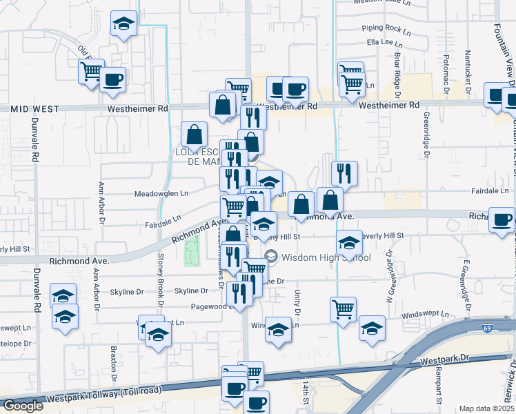 map of restaurants, bars, coffee shops, grocery stores, and more near in Houston