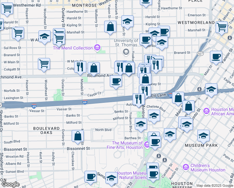 map of restaurants, bars, coffee shops, grocery stores, and more near 4508 Graustark Street in Houston