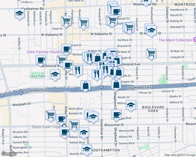 map of restaurants, bars, coffee shops, grocery stores, and more near 2200 Southwest Freeway in Houston