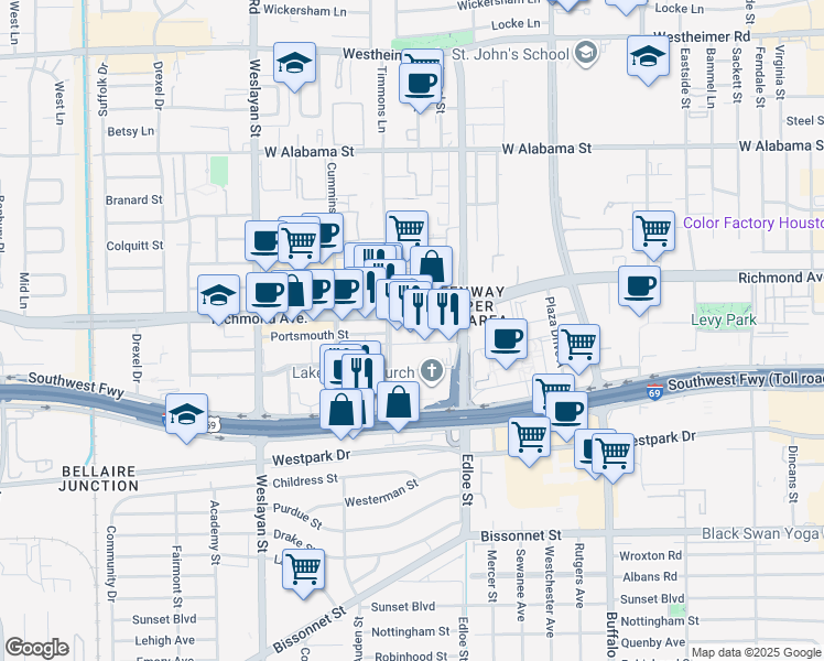 map of restaurants, bars, coffee shops, grocery stores, and more near 11 East Greenway Plaza in Houston