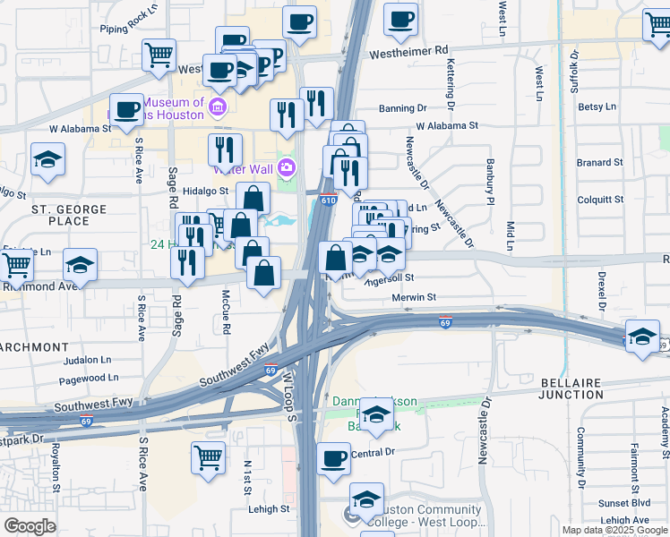 map of restaurants, bars, coffee shops, grocery stores, and more near 4822 Merwin Street in Houston