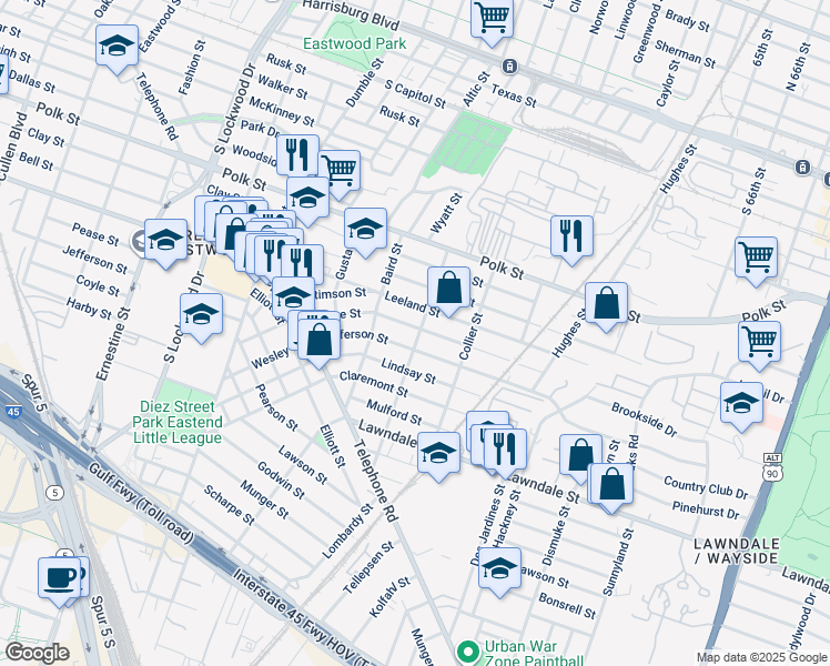 map of restaurants, bars, coffee shops, grocery stores, and more near 5207 Jefferson Street in Houston