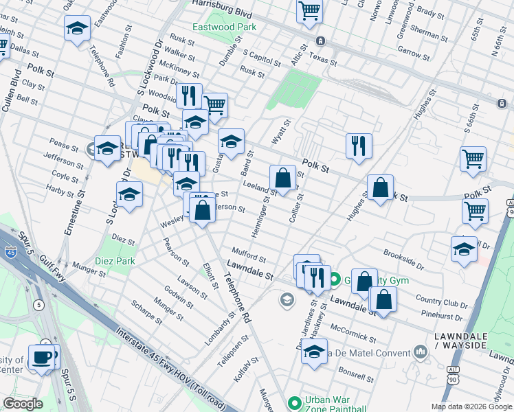 map of restaurants, bars, coffee shops, grocery stores, and more near 5207 Jefferson Street in Houston
