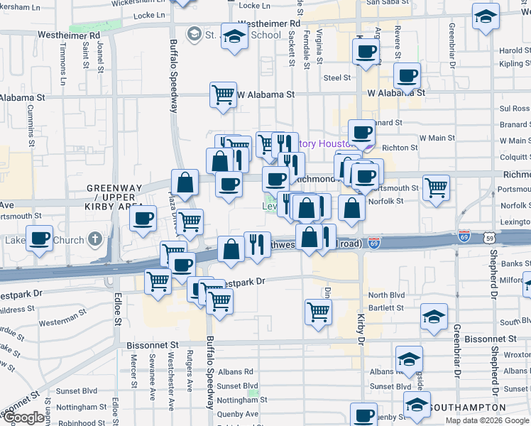 map of restaurants, bars, coffee shops, grocery stores, and more near 3000 Southwest Freeway in Houston
