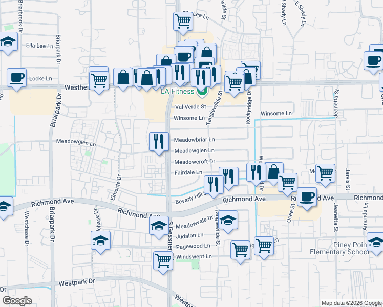 map of restaurants, bars, coffee shops, grocery stores, and more near 9643 Meadowcroft Drive in Houston