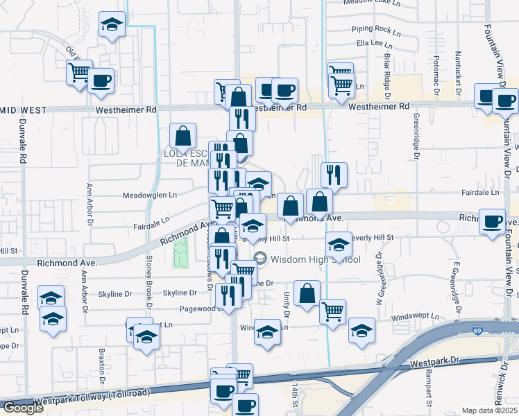 map of restaurants, bars, coffee shops, grocery stores, and more near 6415 Richmond Avenue in Houston