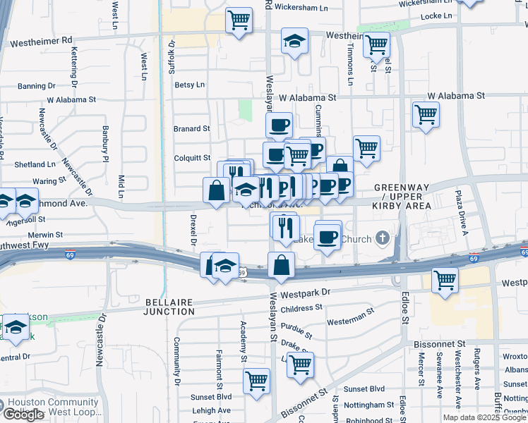 map of restaurants, bars, coffee shops, grocery stores, and more near 4011 Portsmouth Street in Houston