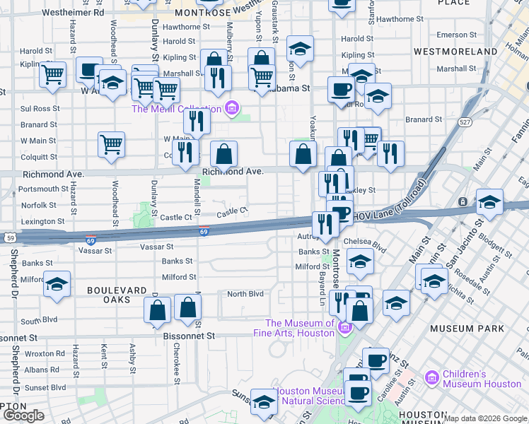 map of restaurants, bars, coffee shops, grocery stores, and more near 4508 Graustark Street in Houston