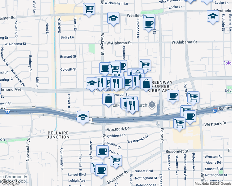 map of restaurants, bars, coffee shops, grocery stores, and more near in Houston