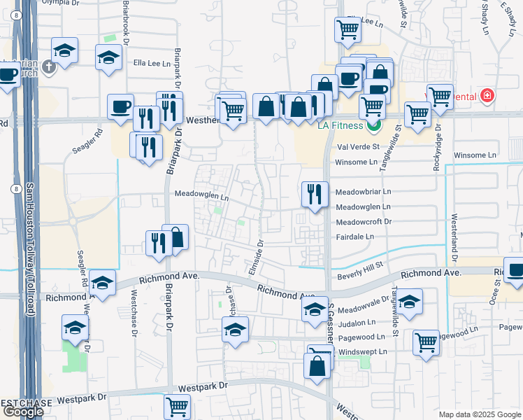 map of restaurants, bars, coffee shops, grocery stores, and more near Elmside Dr & Meadowglen Ln in Houston