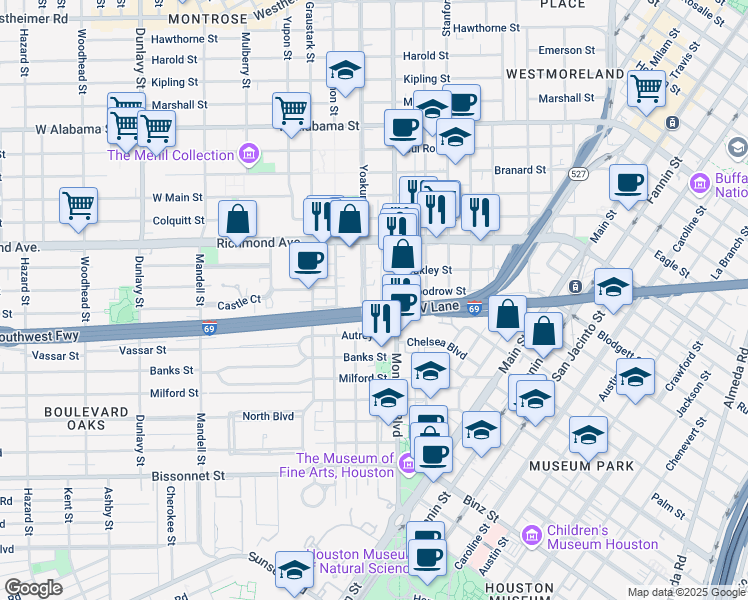 map of restaurants, bars, coffee shops, grocery stores, and more near 1110 Autrey Street in Houston