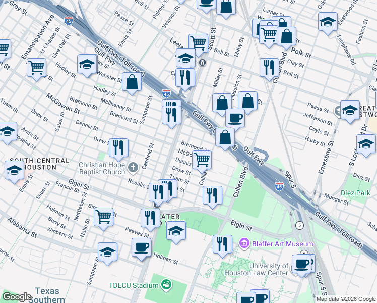 map of restaurants, bars, coffee shops, grocery stores, and more near 3605 McGowen Street in Houston