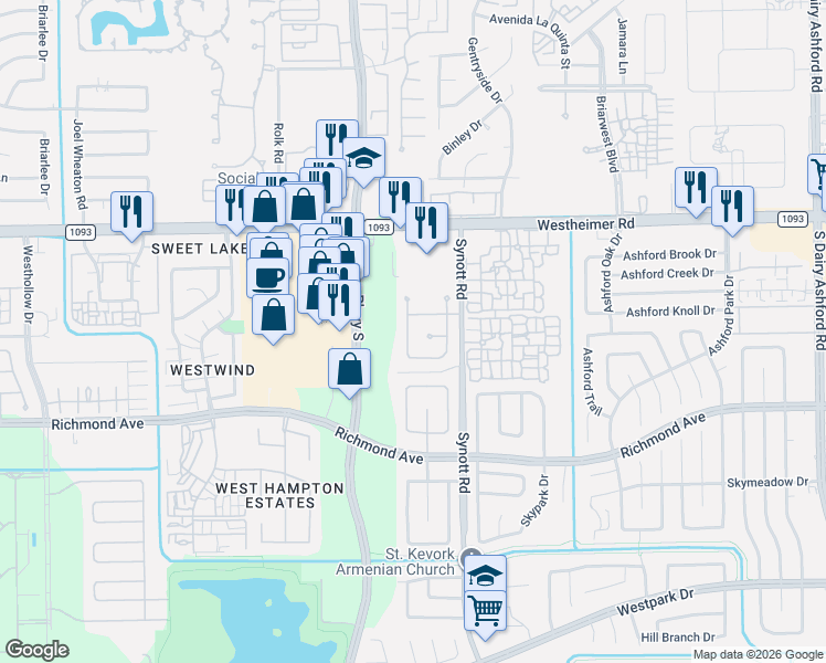 map of restaurants, bars, coffee shops, grocery stores, and more near 2618 Kimbleton Court in Houston