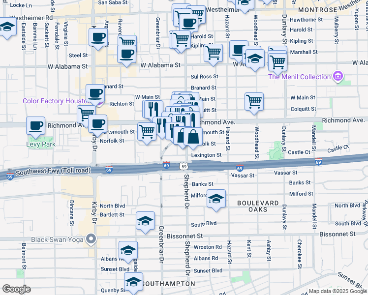 map of restaurants, bars, coffee shops, grocery stores, and more near 3701 South Shepherd Drive in Houston