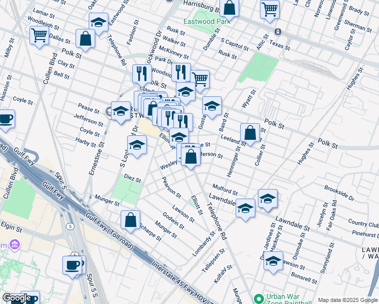 map of restaurants, bars, coffee shops, grocery stores, and more near 1021 Telephone Road in Houston