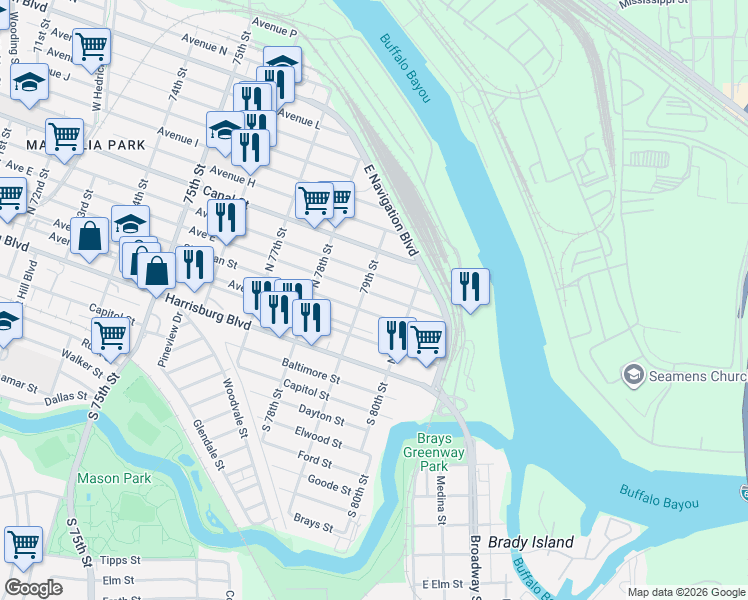 map of restaurants, bars, coffee shops, grocery stores, and more near 7902 Avenue F in Houston