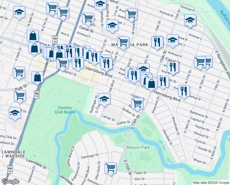 map of restaurants, bars, coffee shops, grocery stores, and more near 7250 Harrisburg Boulevard in Houston