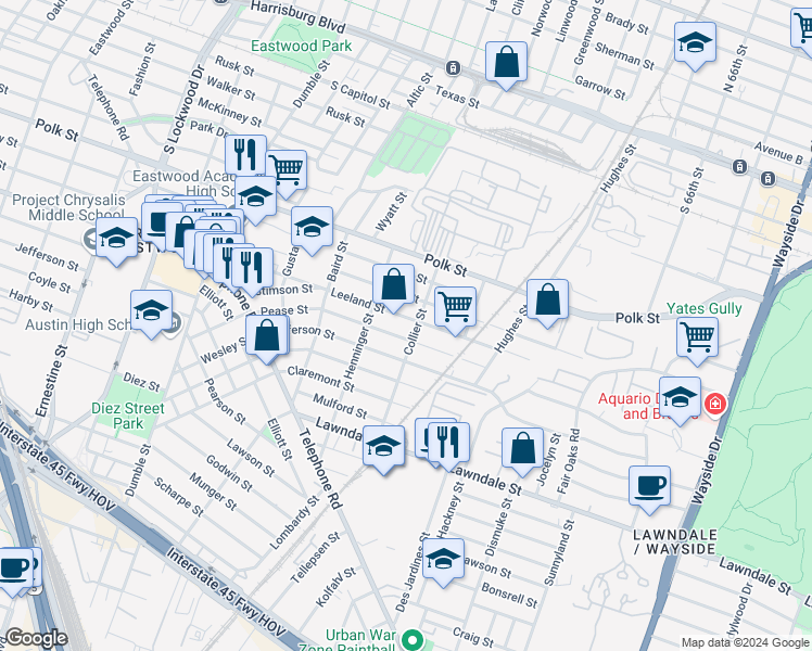 map of restaurants, bars, coffee shops, grocery stores, and more near 5235 Leeland Street in Houston