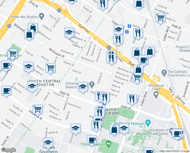 map of restaurants, bars, coffee shops, grocery stores, and more near 3341 Dennis Street in Houston