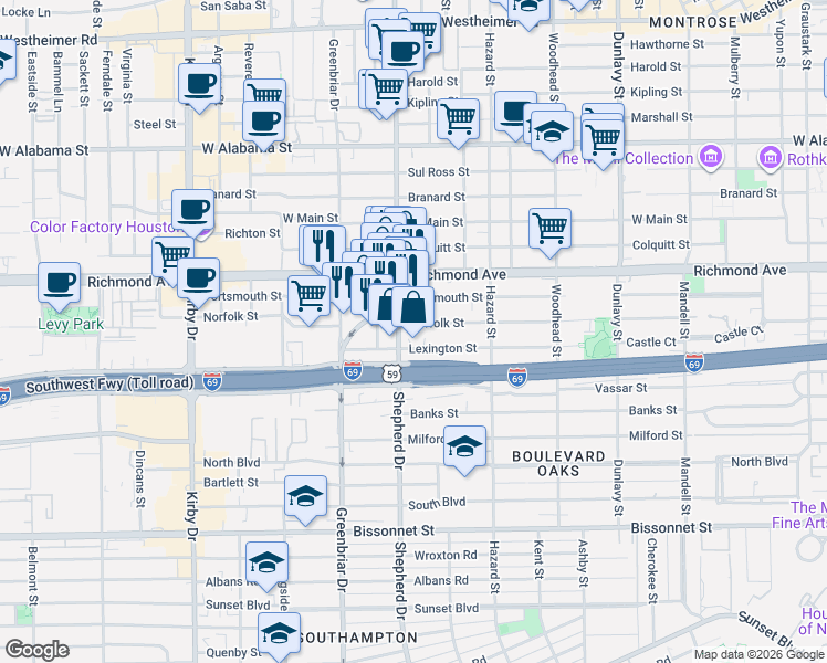 map of restaurants, bars, coffee shops, grocery stores, and more near 3701 South Shepherd Drive in Houston