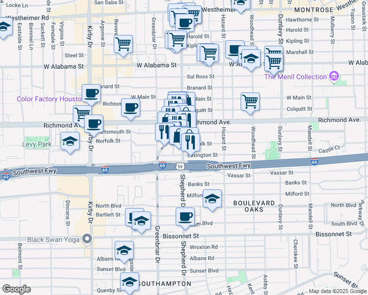 map of restaurants, bars, coffee shops, grocery stores, and more near 3701 South Shepherd Drive in Houston