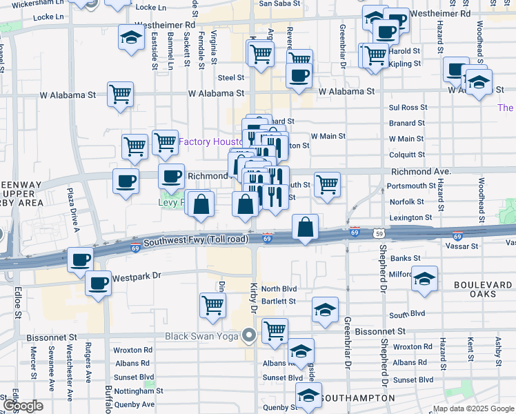 map of restaurants, bars, coffee shops, grocery stores, and more near in Houston