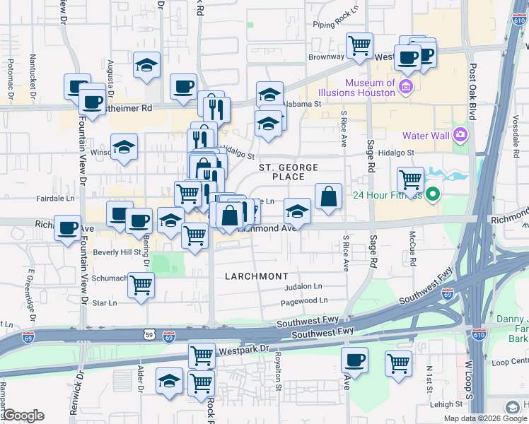 map of restaurants, bars, coffee shops, grocery stores, and more near 5434 Fairdale Lane in Houston