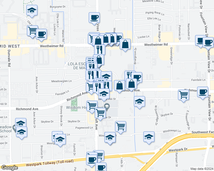 map of restaurants, bars, coffee shops, grocery stores, and more near 2950 Unity Drive in Houston