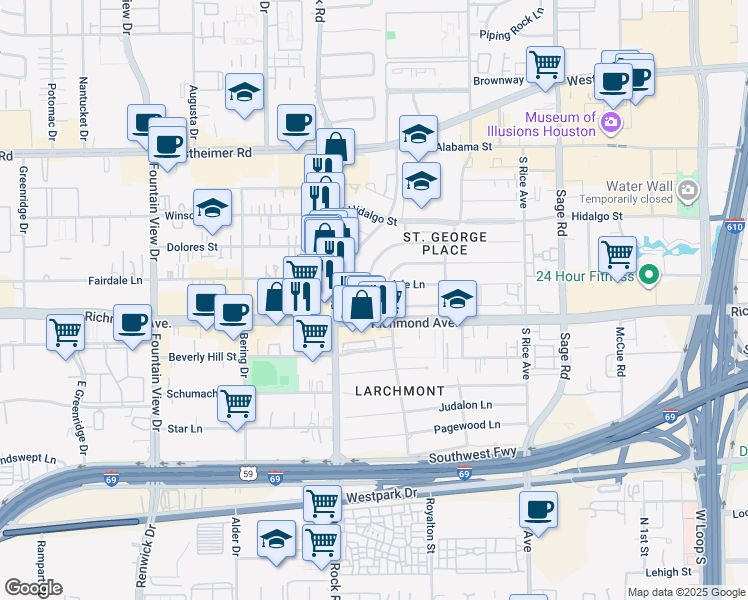 map of restaurants, bars, coffee shops, grocery stores, and more near 5513 Fairdale Lane in Houston