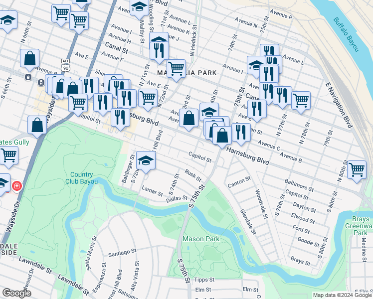 map of restaurants, bars, coffee shops, grocery stores, and more near 7315 Capitol Street in Houston