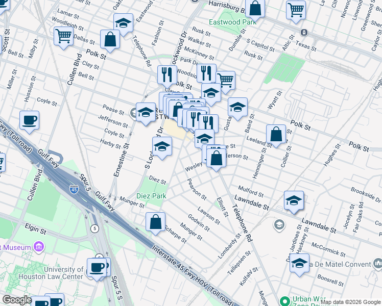 map of restaurants, bars, coffee shops, grocery stores, and more near 1013 Elliston Street in Houston