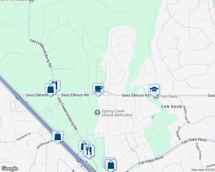 map of restaurants, bars, coffee shops, grocery stores, and more near 9135 Dietz Elkhorn Road in Boerne