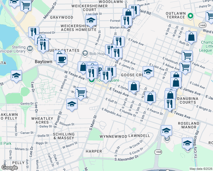 map of restaurants, bars, coffee shops, grocery stores, and more near 12 West Defee Street in Baytown