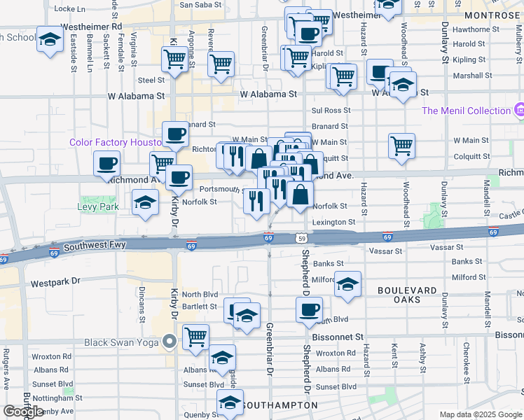 map of restaurants, bars, coffee shops, grocery stores, and more near 2211 Norfolk Street in Houston
