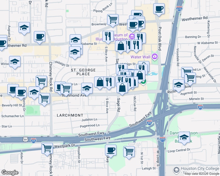 map of restaurants, bars, coffee shops, grocery stores, and more near 3388 Sage Road in Houston