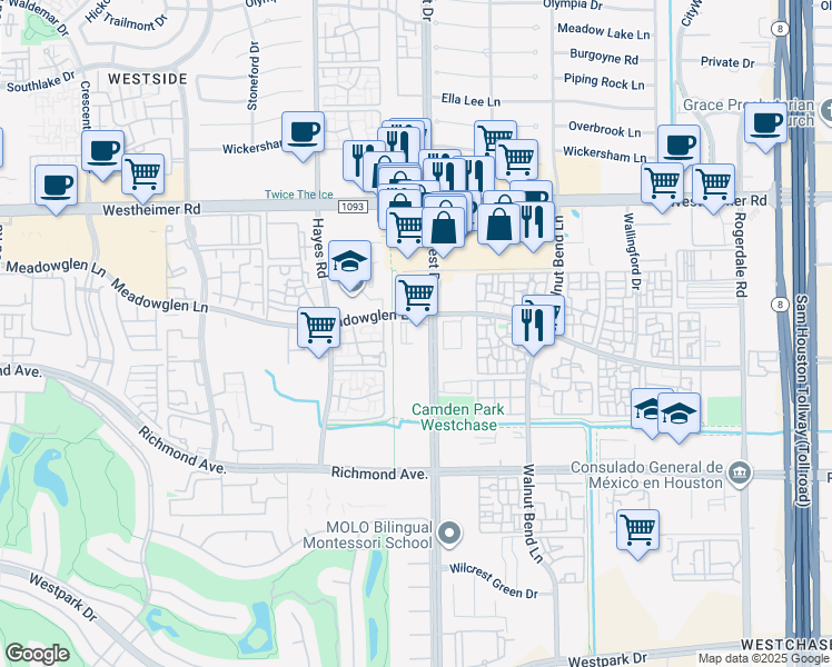 map of restaurants, bars, coffee shops, grocery stores, and more near 11110 Meadowglen Ln in Houston