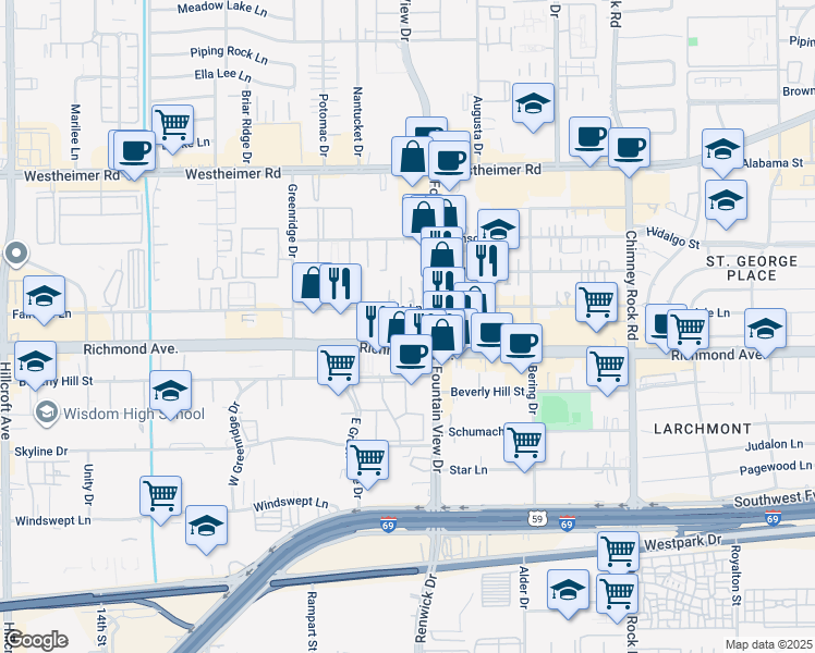 map of restaurants, bars, coffee shops, grocery stores, and more near 3021 Fairdale Estates Court in Houston