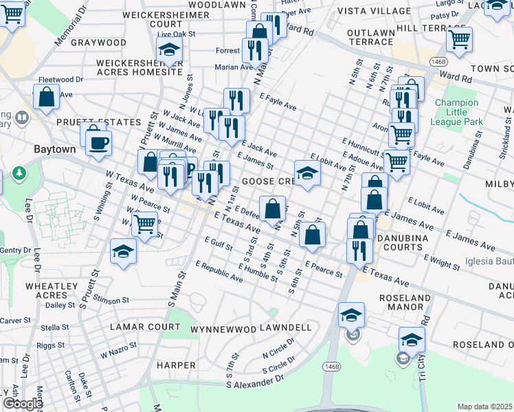 map of restaurants, bars, coffee shops, grocery stores, and more near 200 North 2nd Street in Baytown