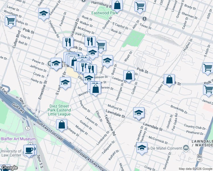 map of restaurants, bars, coffee shops, grocery stores, and more near 5005 Pease Street in Houston