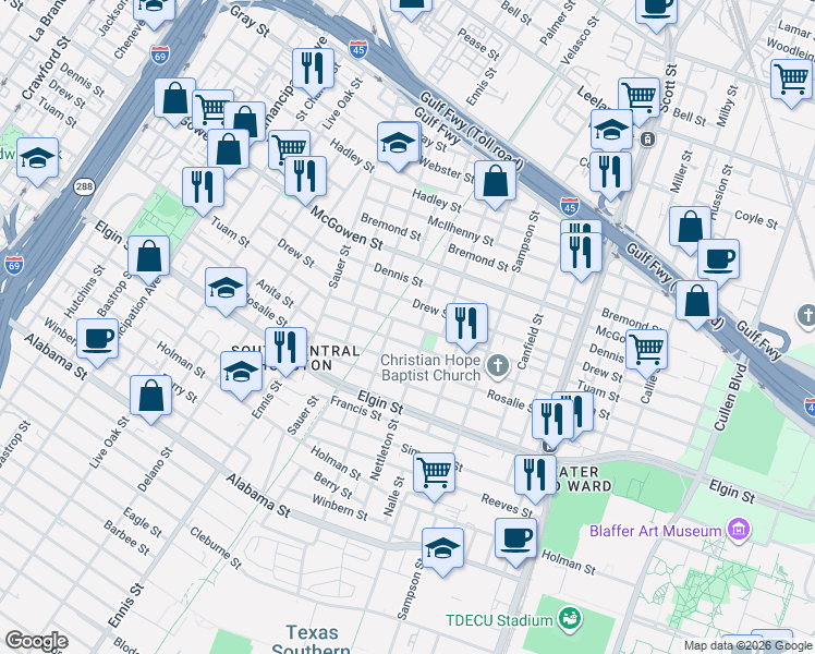 map of restaurants, bars, coffee shops, grocery stores, and more near 2802 Nettleton Street in Houston