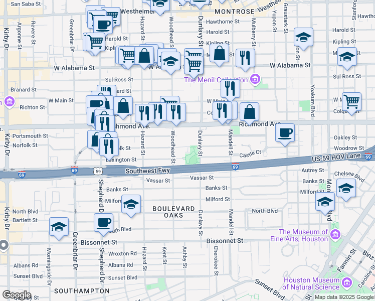 map of restaurants, bars, coffee shops, grocery stores, and more near 4310 Dunlavy Street in Houston