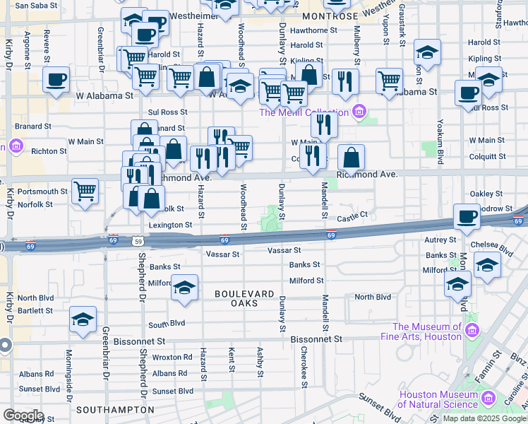 map of restaurants, bars, coffee shops, grocery stores, and more near 4310 Dunlavy Street in Houston