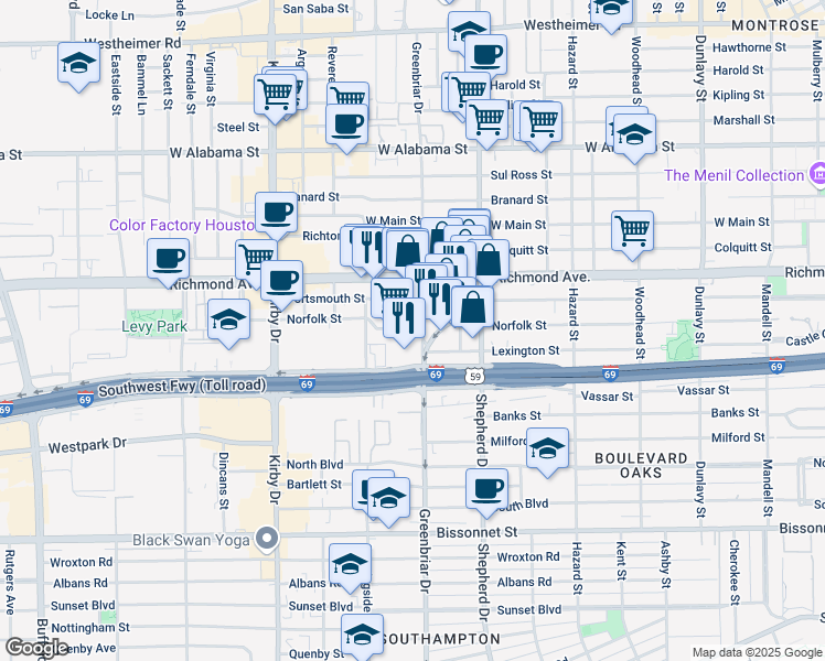 map of restaurants, bars, coffee shops, grocery stores, and more near 2209 Portsmouth Street in Houston