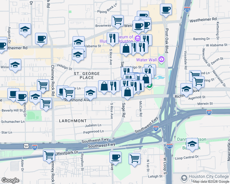 map of restaurants, bars, coffee shops, grocery stores, and more near 3388 Sage Road in Houston