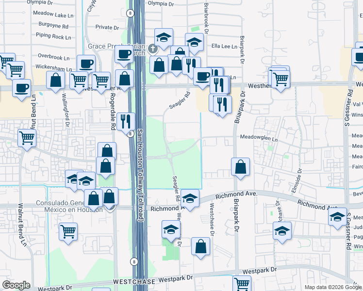 map of restaurants, bars, coffee shops, grocery stores, and more near 3003 Seagler Road in Houston
