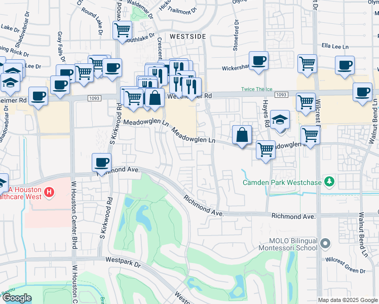 map of restaurants, bars, coffee shops, grocery stores, and more near 2915 Royal Oaks Green in Houston